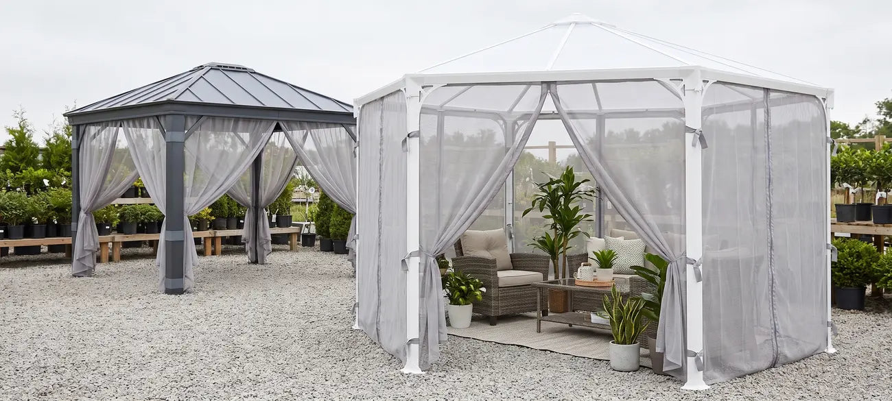 Garden gazebo fitted with fine mesh insect netting on display
