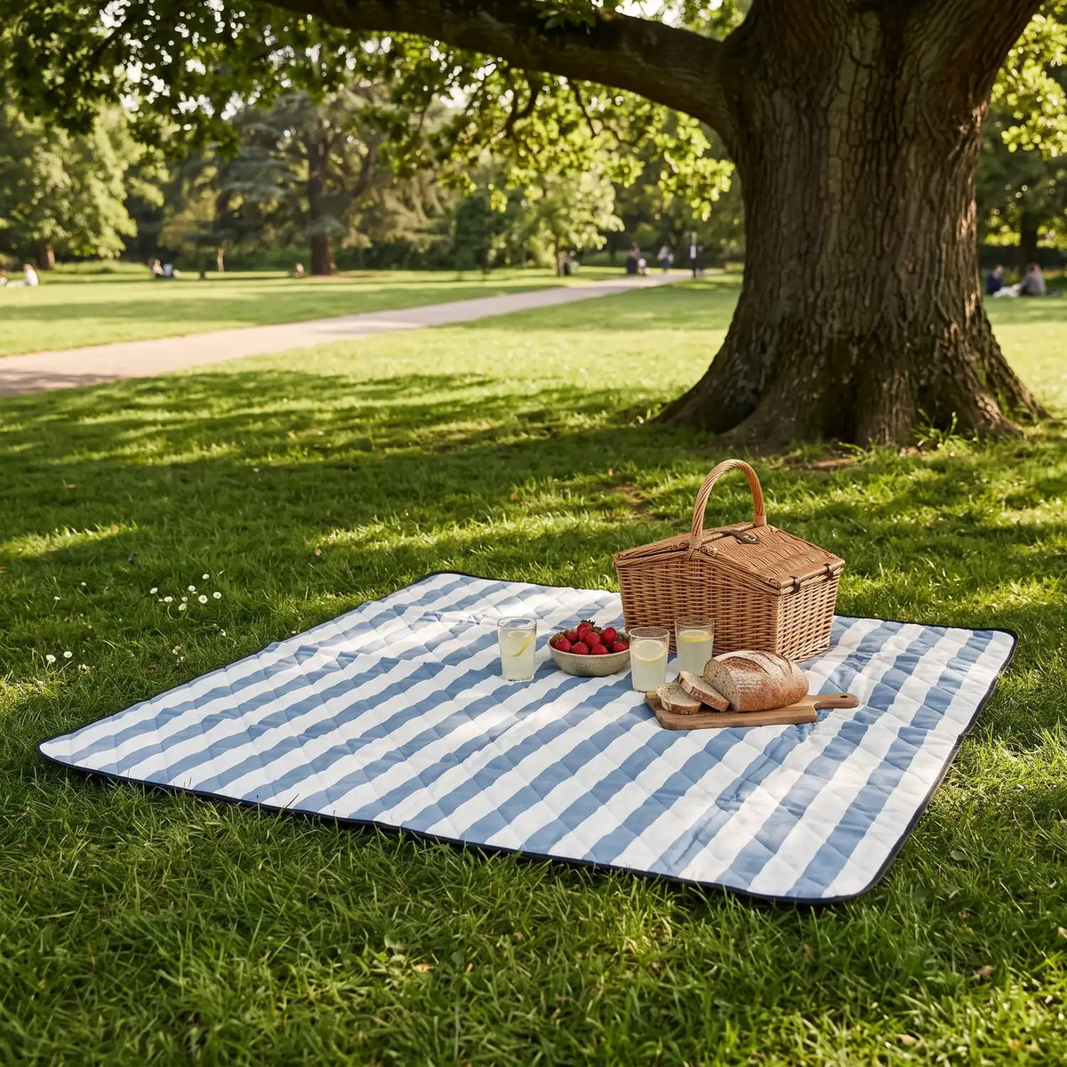 Picnic Blanket 150 x 200 cm in Blue/White on a mown park lawn in the shade of an oak tree