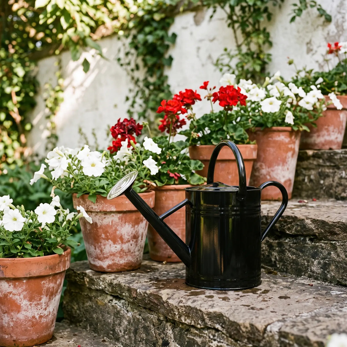 Black Watering Can 8 Litres on stone steps among terracotta pots with geraniums