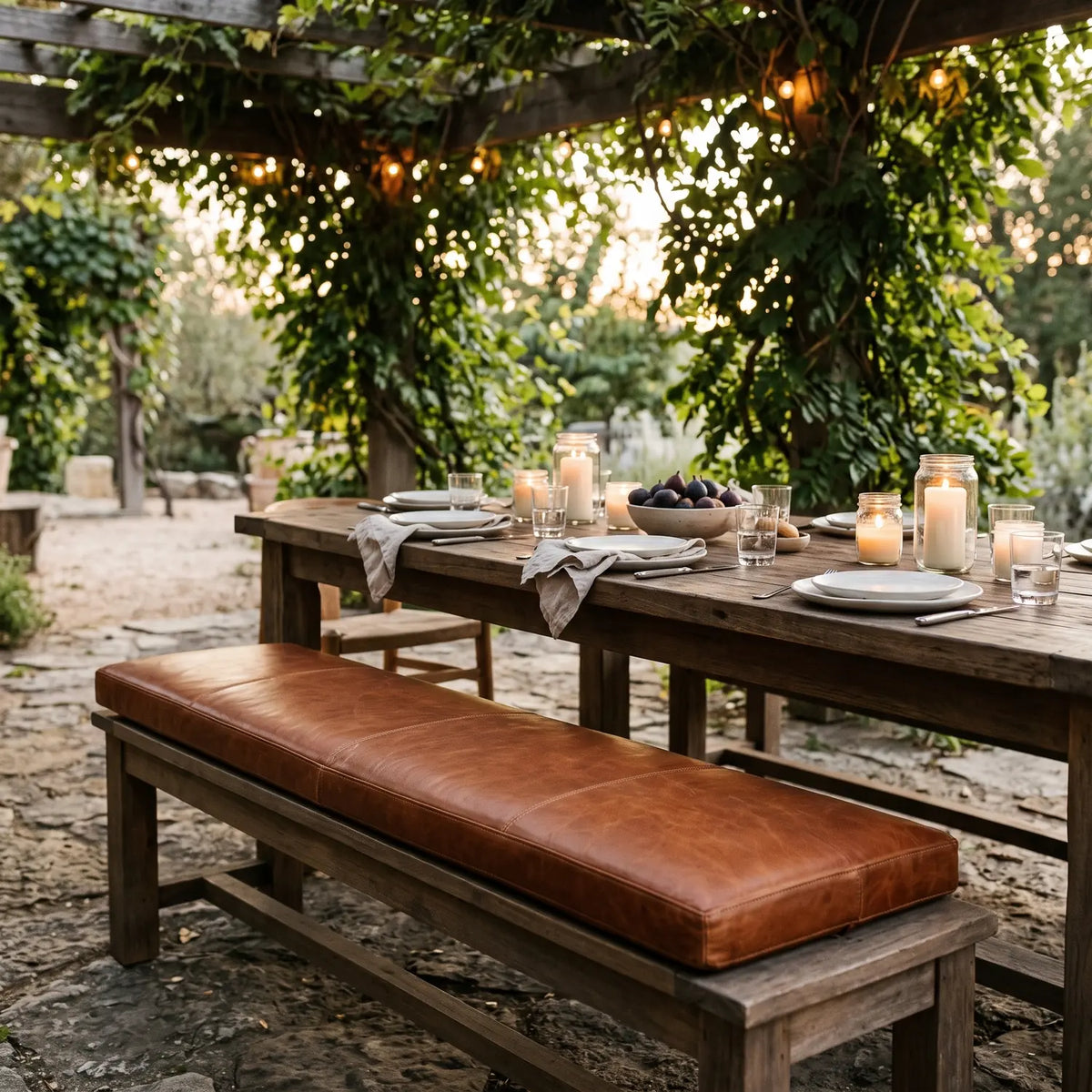 Buffalo Leather Bench Cushion in cognac on a bench at a pergola dining table