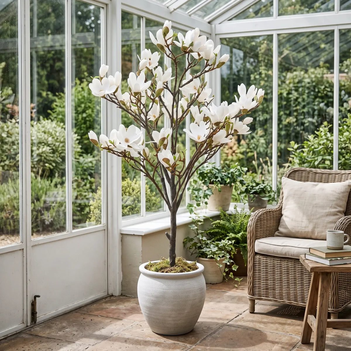 Artificial Magnolia Tree H150 cm in a large pale ceramic planter in a glass conservatory