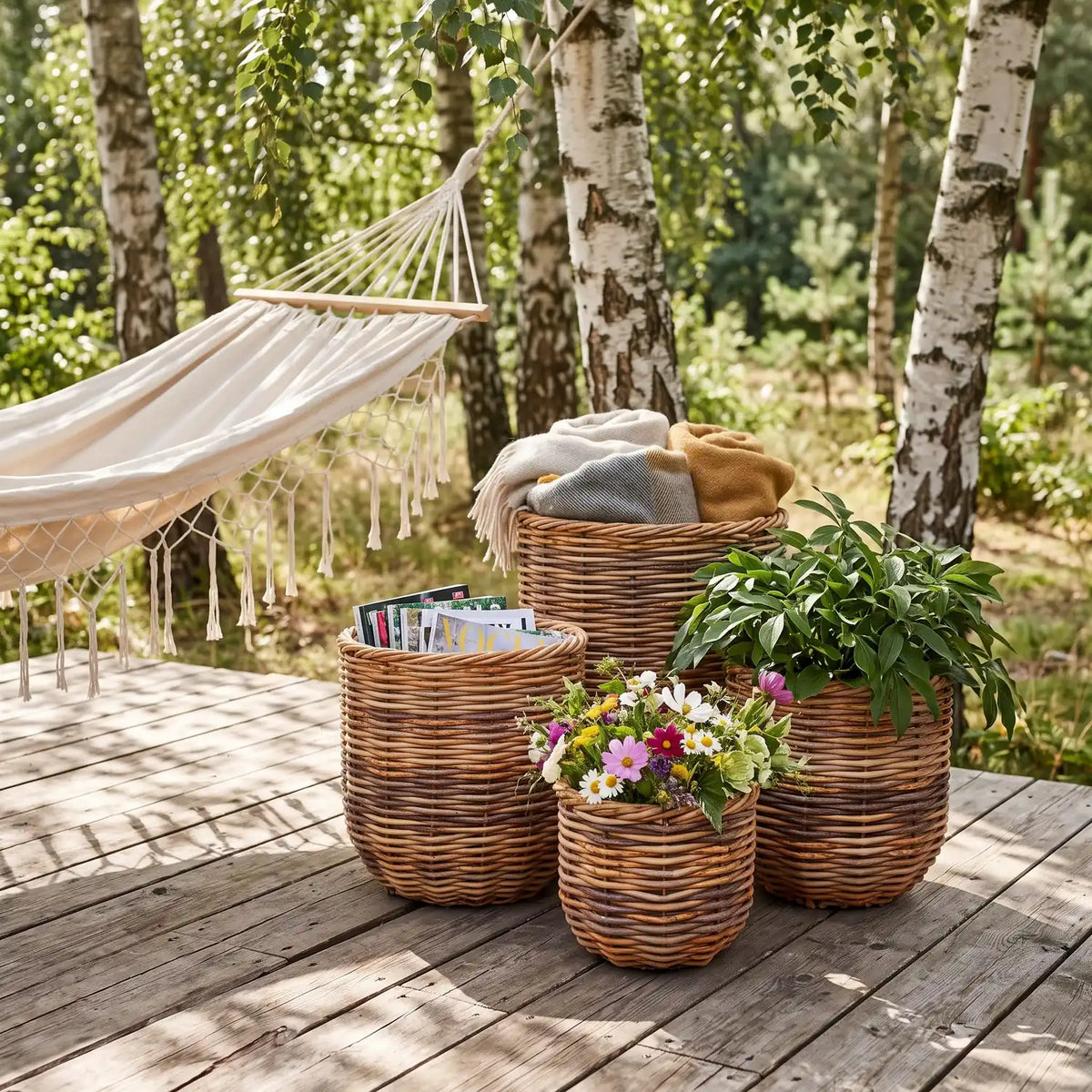 Woven Basket Set of 4 in Natural/Light Brown on a sunlit deck beside a hammock under birch trees