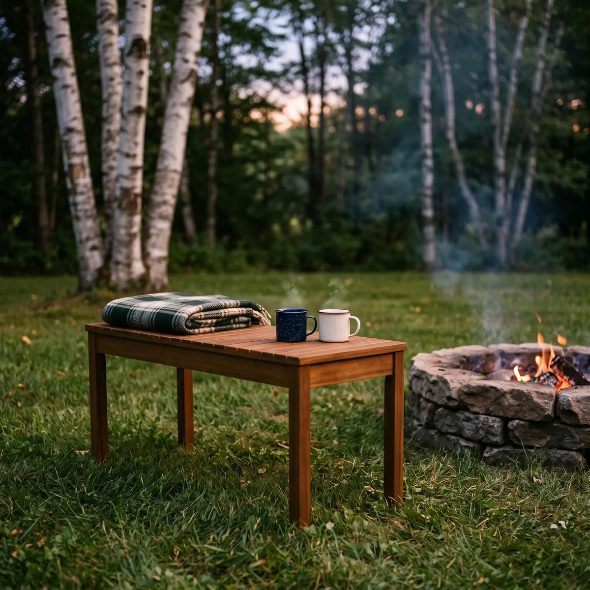 Tokyo Bench Acacia 88 cm beside a fire pit under birch trees