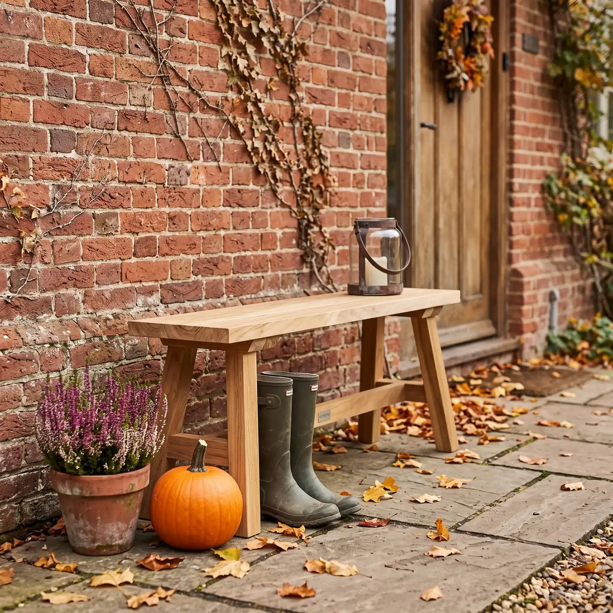 Teak Bench without Backrest 90 cm by a red brick wall at a front door in autumn