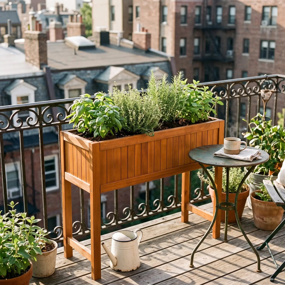 Tokyo Planter on Legs Acacia on a sunny balcony with fresh herbs