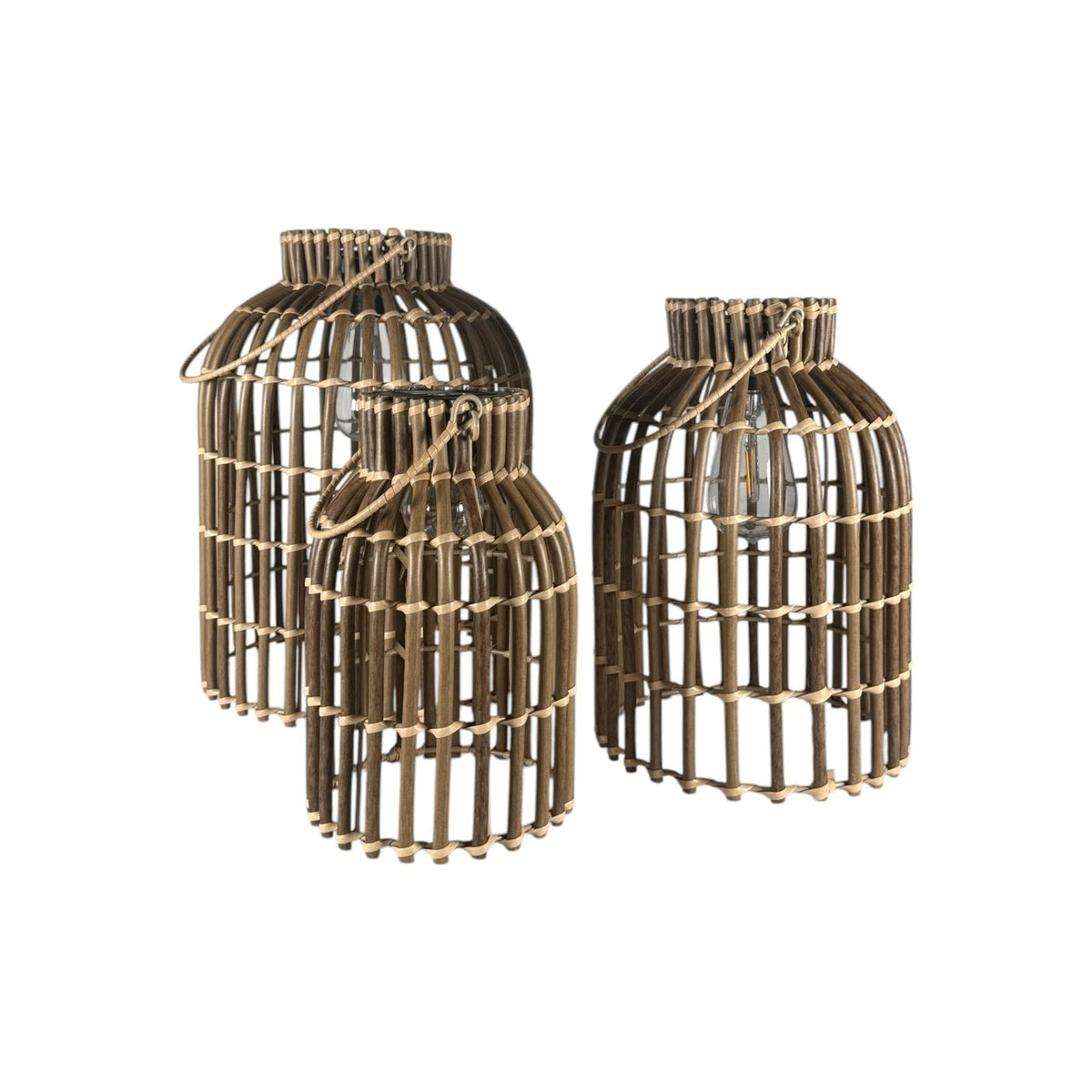 Rattan Lanterns with Handle, Set of 3 - Brown