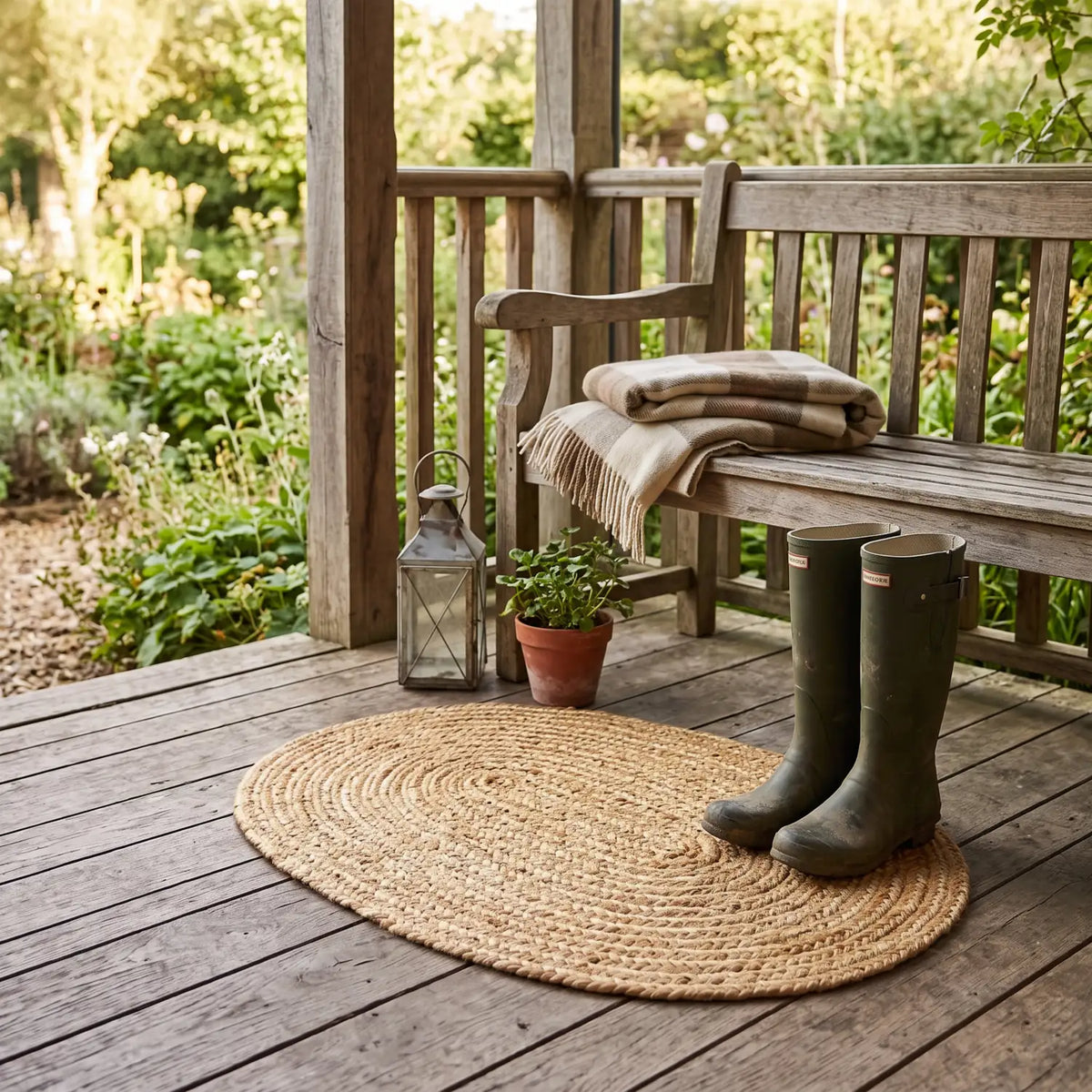 Oval Braided Jute Rug 50 x 70 cm on a cottage porch in front of a bench with green boots