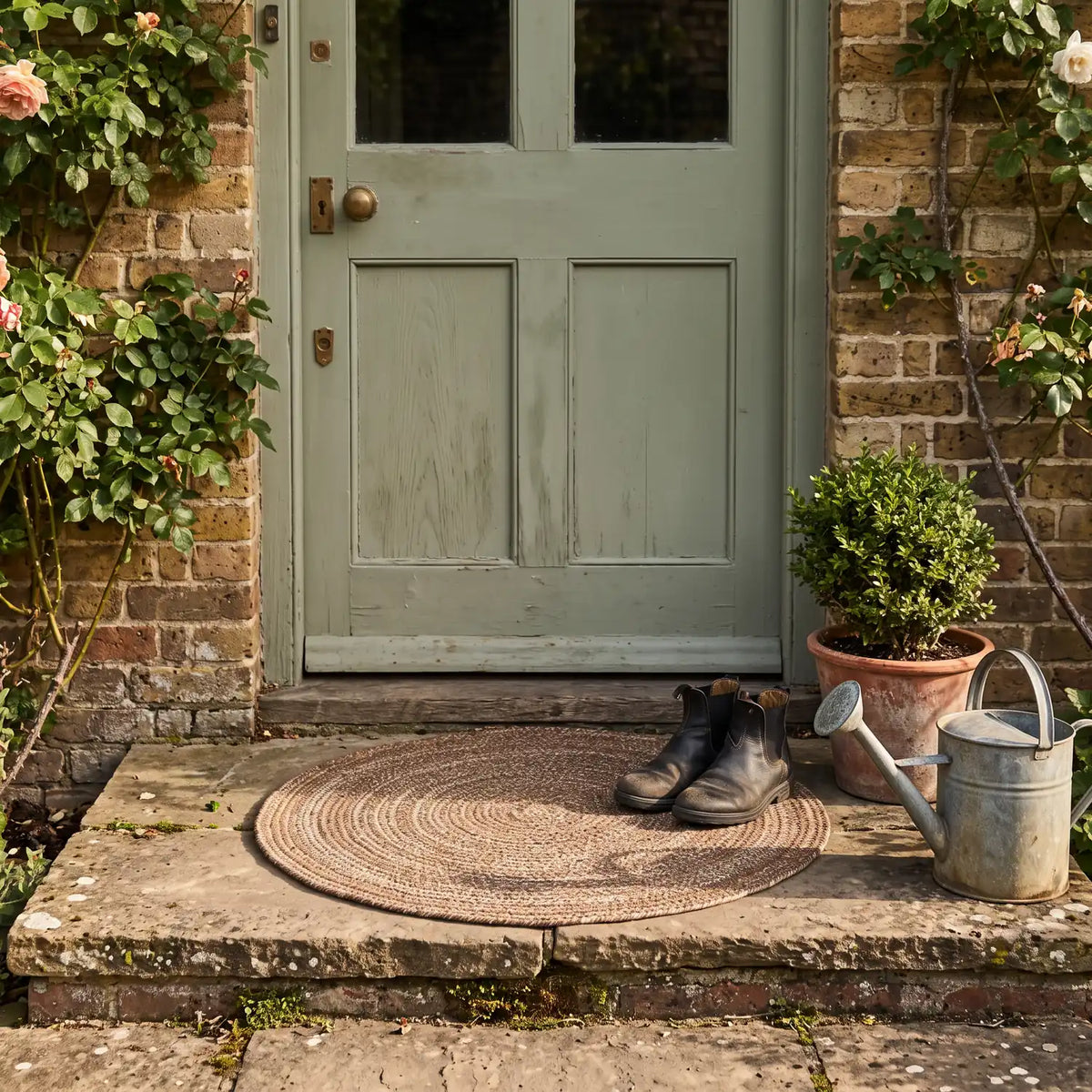 Hand-Woven PET Rug Ø90 cm in front of a cottage front door with boots and a watering can