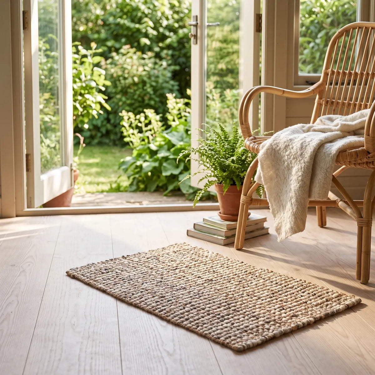 Jute and Wool Rug 45 x 75 cm in a garden summerhouse beside a rattan chair